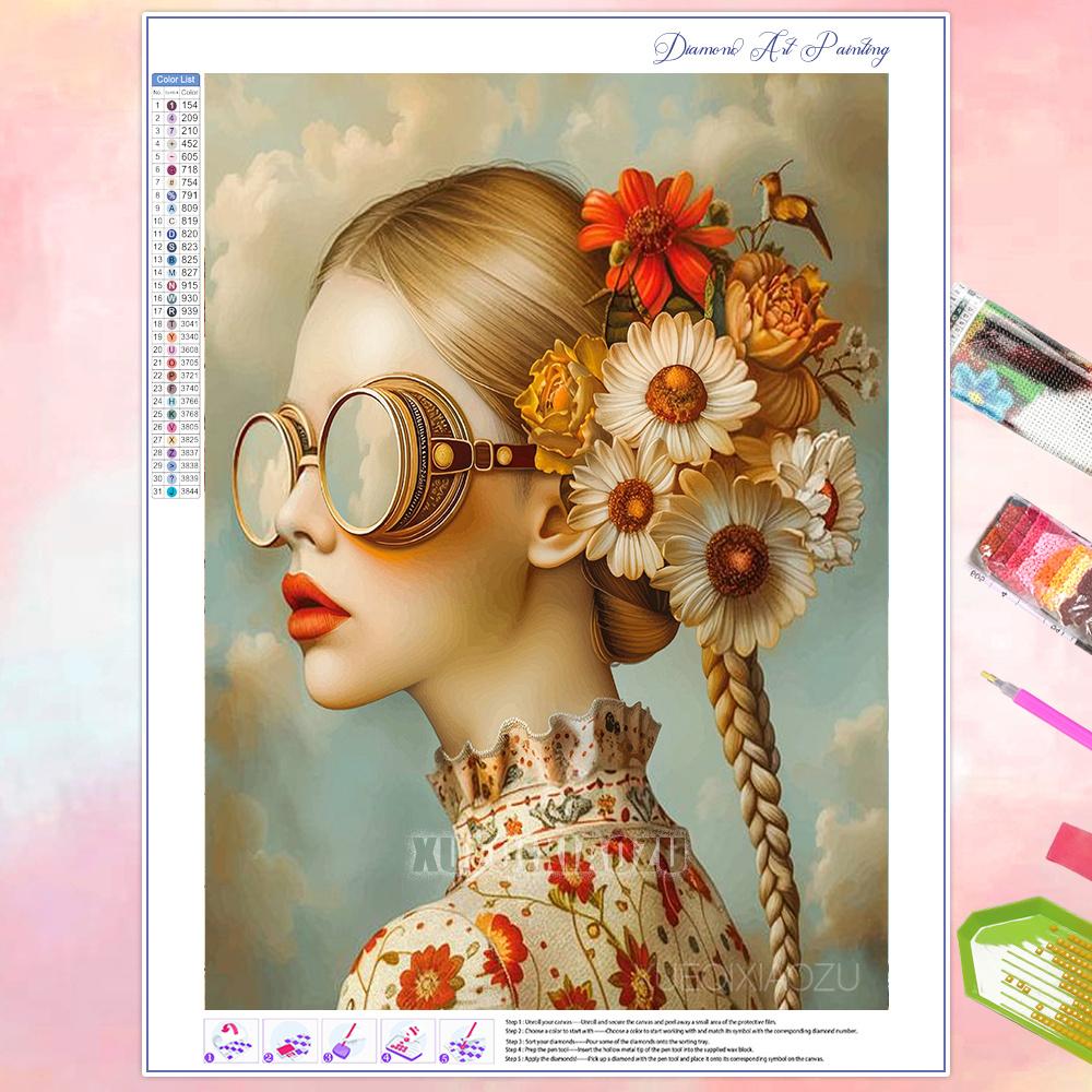 Full Diamond Painting Beauty Girl Flowers Abstract Art Diamond Mosaic Embroidery Rhinestone Cross Stitch Kit Home Wall Decor