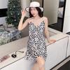 Summer new pajamas women's ice and snow silk thin suspender swing collar pure desire pajamas printed medium and long skirts
