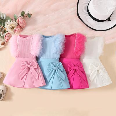 Girls Casual Fashion Set Summer Children Sweet Net Sleeveless Top Solid Color Bow Skirt Set