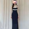 Lace Splicing Blue Floral Suspender Dress Women's Summer French Stunning Beach Dress Super Fairy Long Skirt