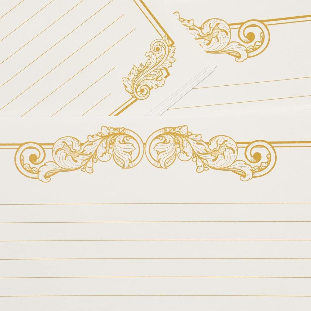 Paper Junkie Letter Paper & Envelopes Set - 60 Sheets (7.2 x 10.2 In) & 30 Ivory Envelopes (4 x 7.7 in), Gold Border, 100 GSM - Vintage Lined