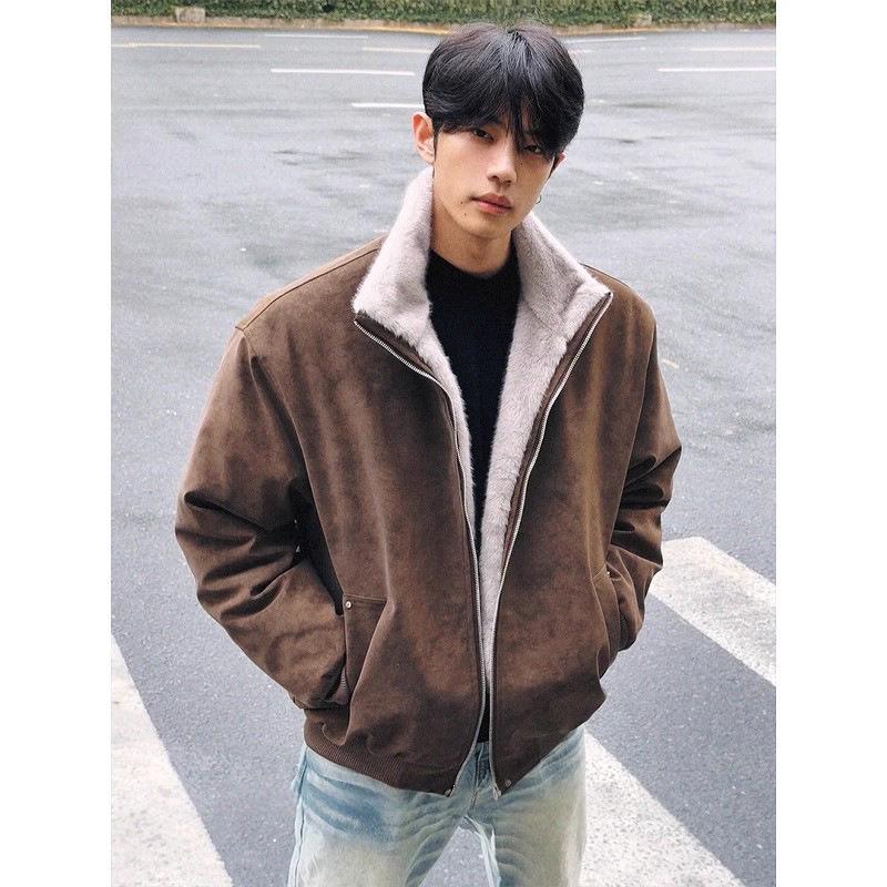 Men's American Retro Plush Eagle Winter Jacket - Stylish & Warm Cotton Coat