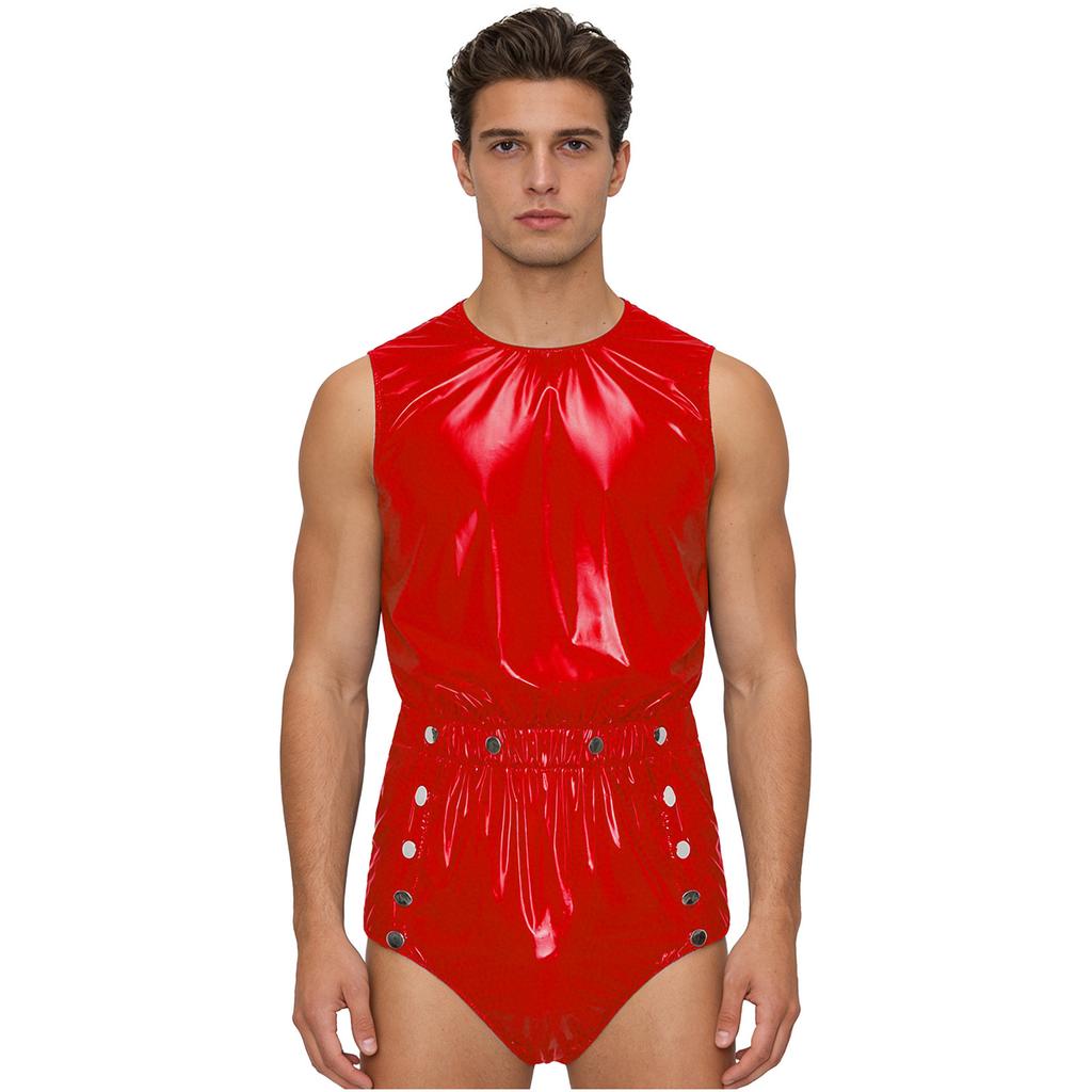 S-3XL Mens Waterproof Bodysuit Openable Crotch with Buttons Sleeveless Back Zipper Elastic Waistband One-piece Romper Jumpsuit for Clubwear Swimming