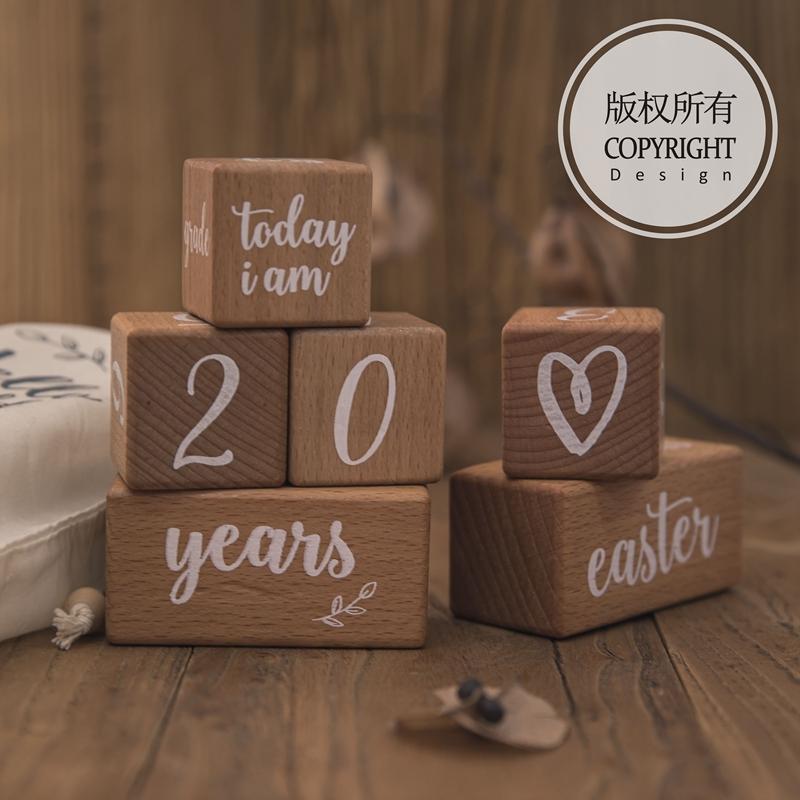 6pcs/1Set Baby Month Milestone Card Beech Block Square Engraved Newborn Birth Month Birthday Milestones Block Photography Props