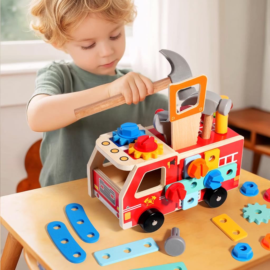 Wooden Montessori Fire Truck - Nut Screw Disassembly Assembly Tool Car, STEM Toy for Toddlers to Develop Hands-On Skills