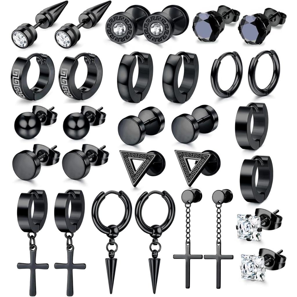 Bobiaty 15Pairs Stainless Steel Stud Earrings for Men Women Goth Hypoallergenic Zirconia Hoop Dangle Earrings Set Halloween