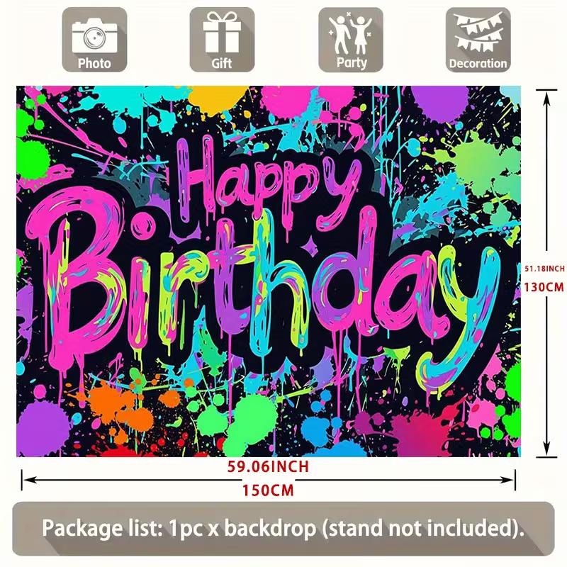 2D Colorful Graffiti Happy Birthday Backdrop Neon Paint Splatter Party Decoration Banner