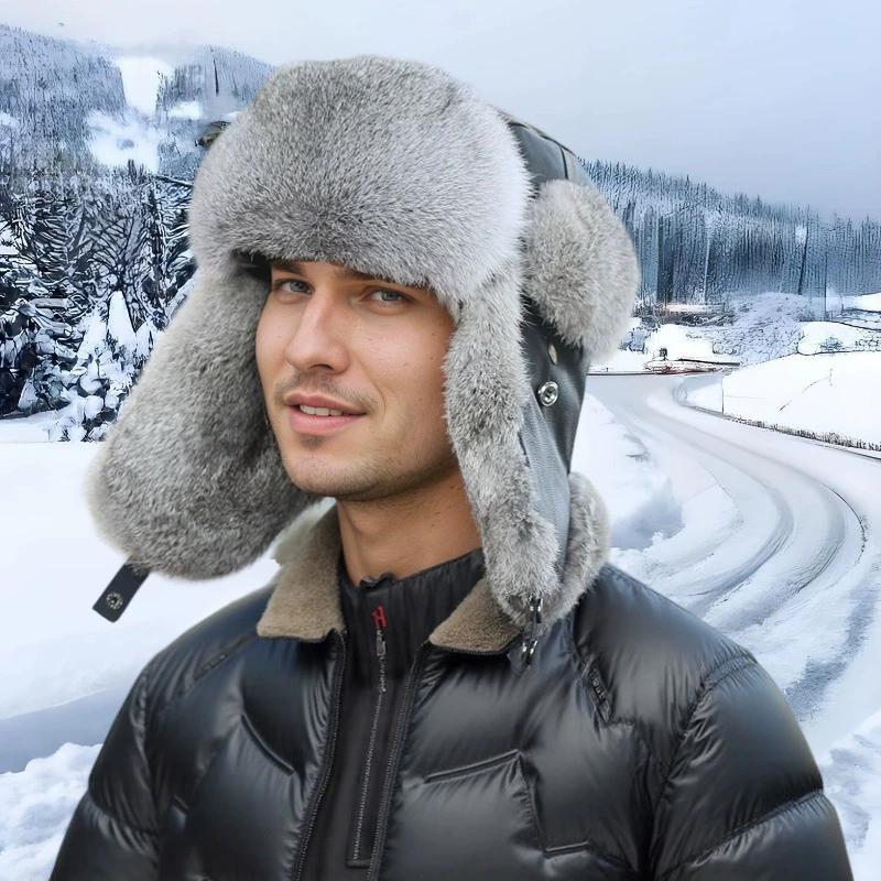 WTEMPO Herren Rindsleder Kaninchenfell Outdoor Weicher Ohrenschutz Druckknopfhüte Wandern Skifahren Herbst Winter Winddicht Kältesicher Warme Plüsch Fliegerhüte