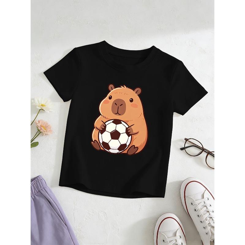 European Sizes Girl's Capybara Holding a Soccer Ball Graphic Short-Sleeve T-Shirt, Kids' Summer Casual Top, Comfortable and Versatile