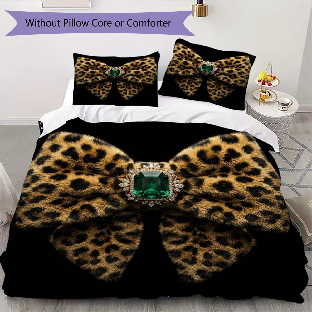 Leopard Print Bow Pattern Bedding uilt Set uilt Cover Pillowcase Home Decoration Birthday Gift (1 * duvet cover + 2 * pillowcase without core)16