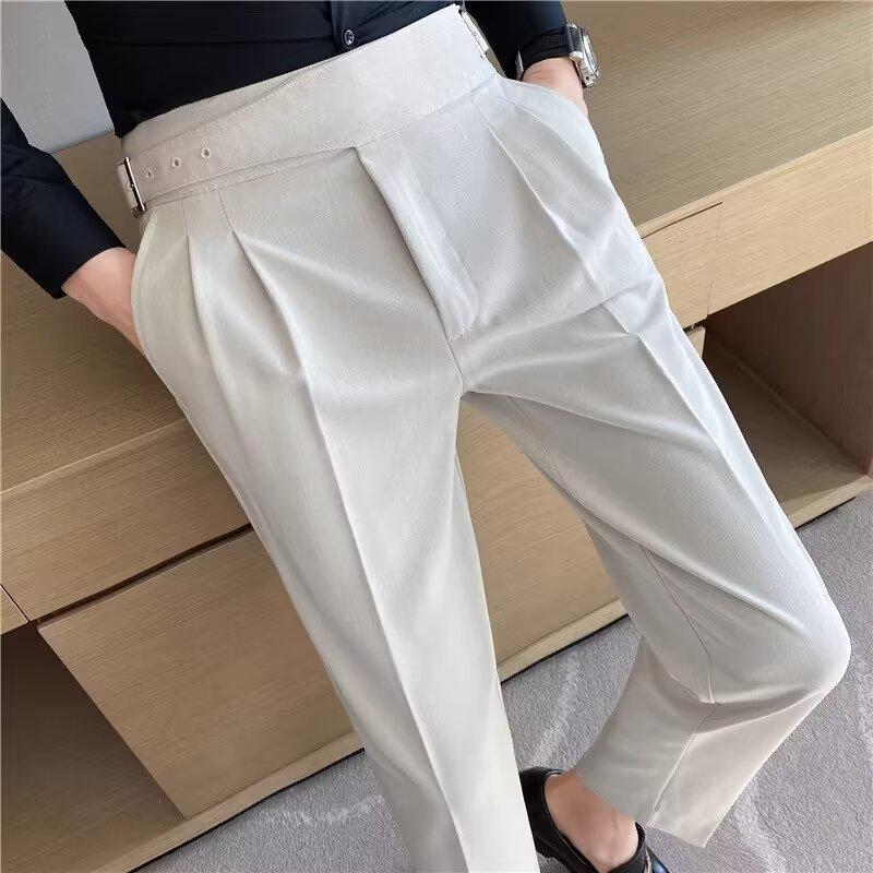 Men's Retro High-Waist Slim-Fit Trousers: Korean-Style, Solid Color, Straight-Leg, Autumn Casual Pants.