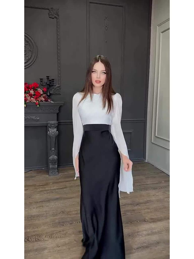 European & American 2026 Autumn Organza Satin Slim Dress with Large Swing Sleeves
