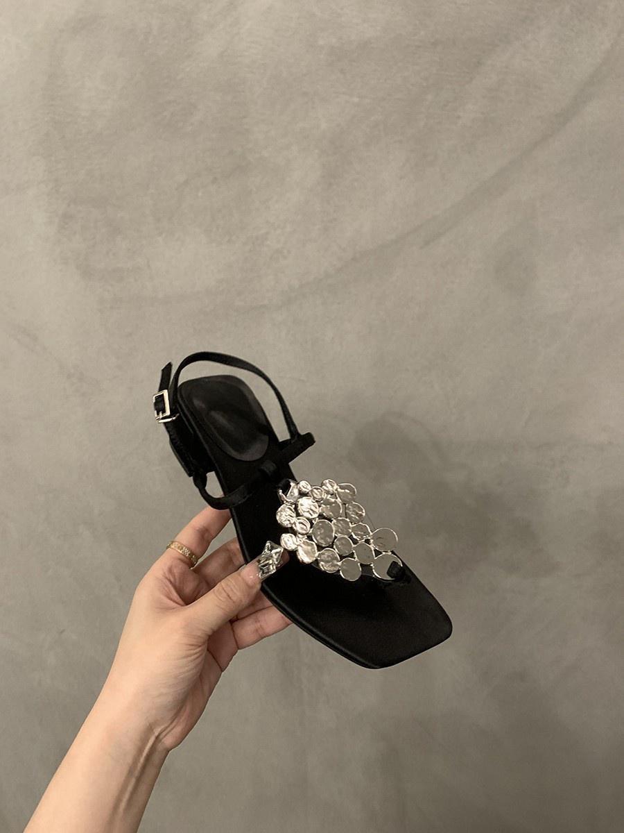 

Сандалии на толстом каблуке с серебристым дизайном, французские туфли-феи, новинка лета 2024 года, римские сандалии 39 чёрный