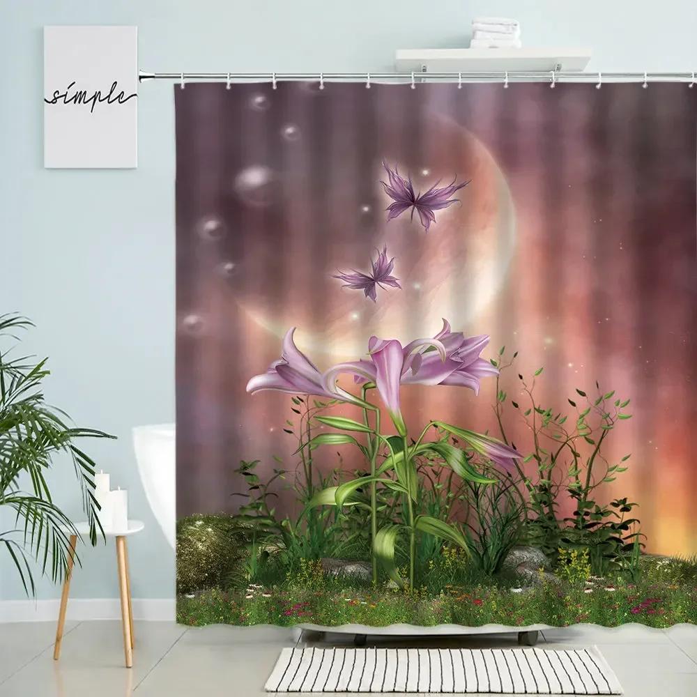 Cartoon Fantasy Forest Scenery Shower Curtain Fairy Tale Mushroom Plant Flower Child Bathroom Decor With Hook Waterproof Screen