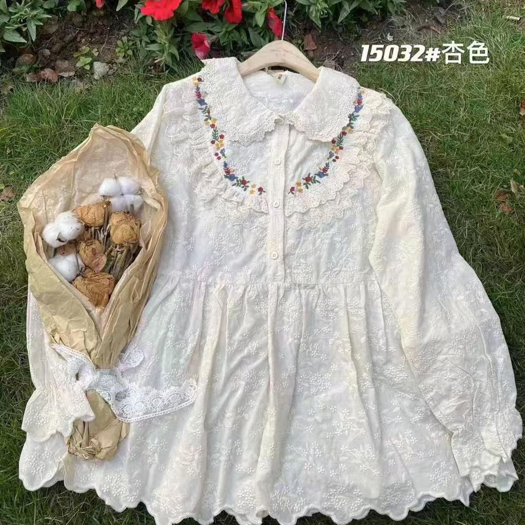 Huimei 1116 summer new women's lapel Japanese cotton shirt loose shirt embroidery literary style sweet age reduction