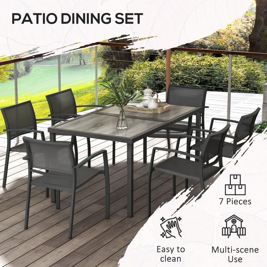 Seven Piece Casual Outdoor Dining Set With Wood Effect Table Grey