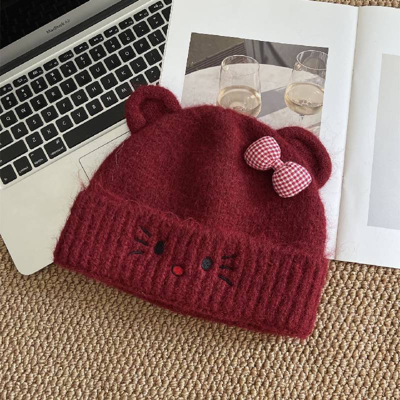 Cat Cartoon Knitted Hat With Embroidered Butterfly Bow For Winter Warmth And Windproof Comfort