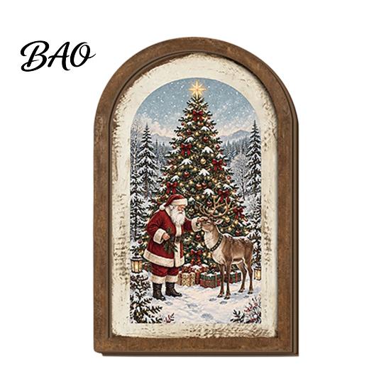 Indoor Christmas Ornament Set Vintage Arched Wooden Photo Frame with Illustration, Retro Distressed Wall Art for Holiday Tabletop Desktop And