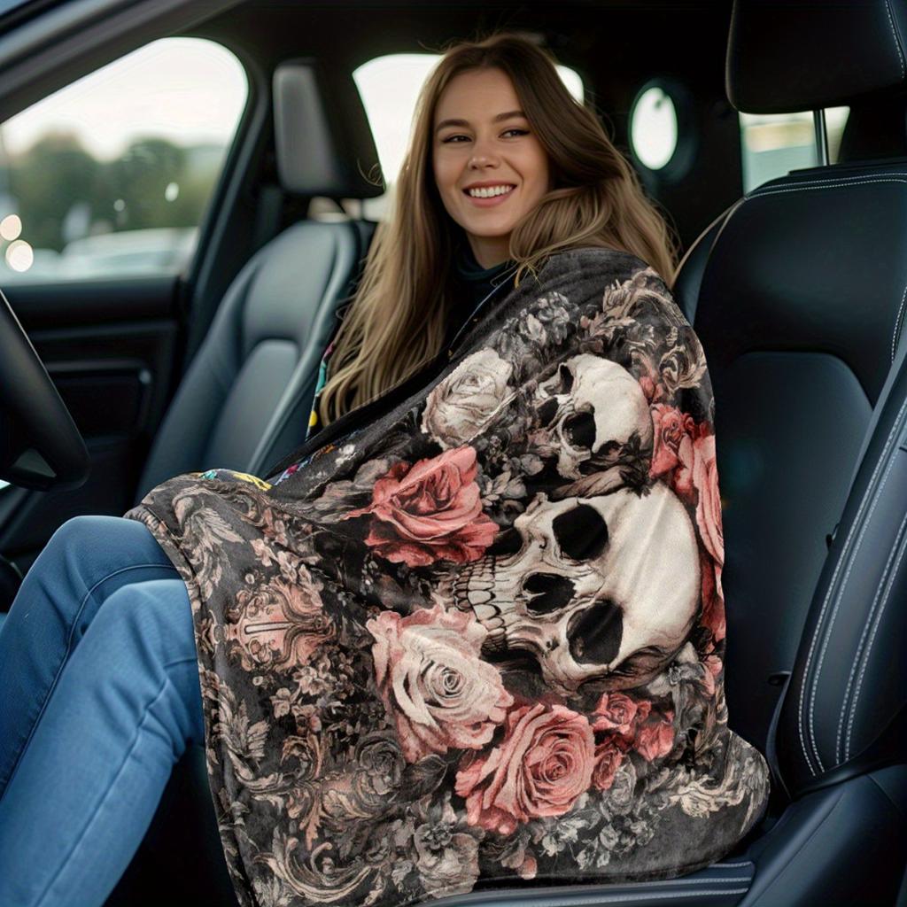 1pc Gothic Floral Skull Blanket - Lightweight Flannel Throw with Pink Roses & White Skulls, Soft & Warm for Sofa, Camping, Livin