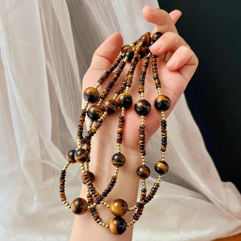 Vintage Natural Tiger'S Eye Stone Round Beads Maillard Niche Personality Design Sense Collarbone Chain High Sense Necklace