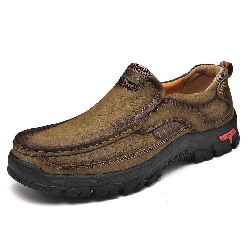 Men's Cowhide Plus Size Loafers Men's Casual Leather Shoes Outdoor Hiking Shoes