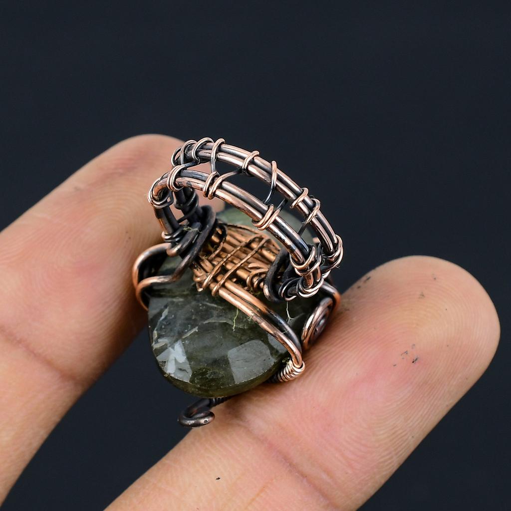 Natural Labradorite Gemstone Handmade Copper Wire Wrap Ring Size 4.5 S1a02