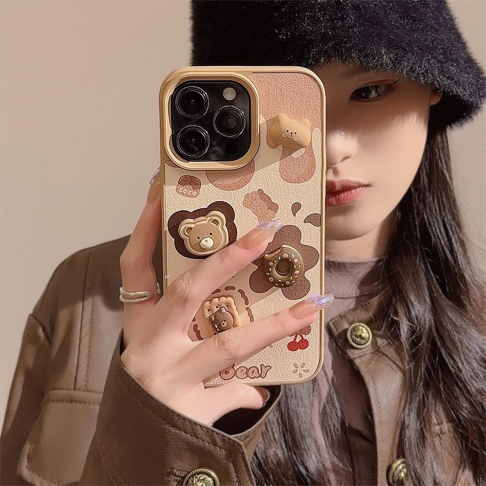 3D Cookie Bear Apple IPhone 16/17 Pro Max Leather Case for IPhone 13/15 Cute Lanyard