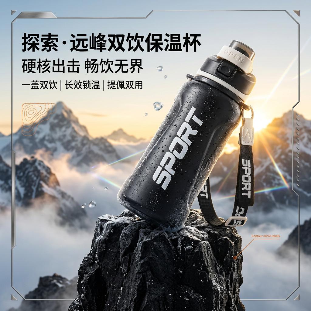 Water bottle double drink stainless steel water cup thermos cup large capacity outdoor straw sports student cup kettle
