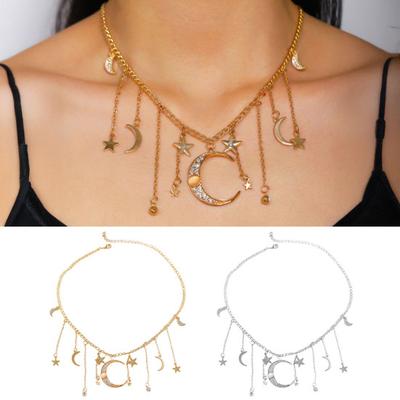 Star Moon Charms Necklace Boho Tassel Chain Choker Rhinestone Crescent Pentagram Fringe Charm Necklace for Women Dates Parties Jewelry