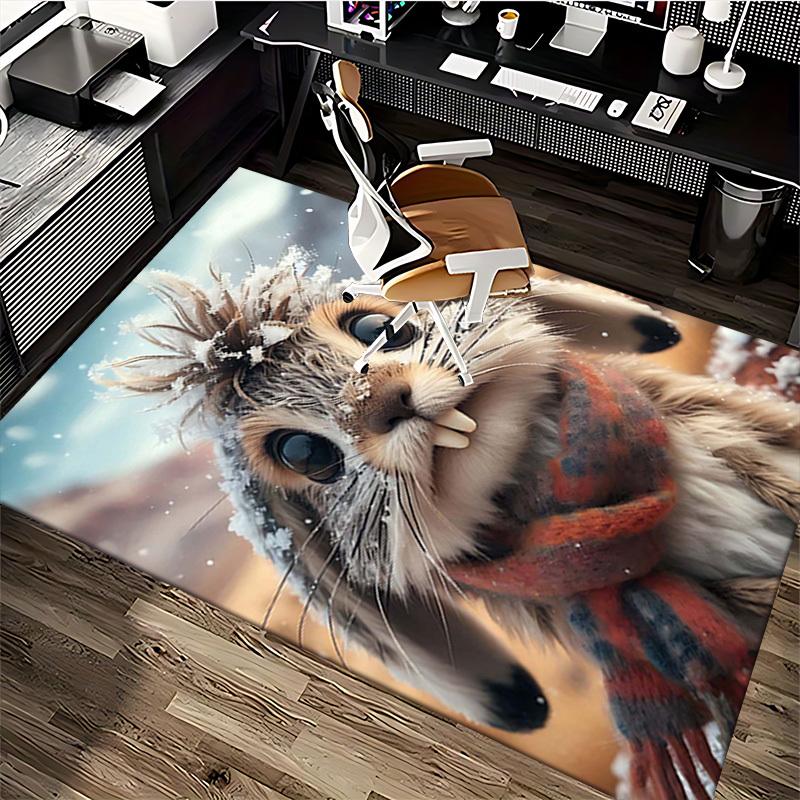 1pc Anime Rabbit Chair Mat with Plaid Scarf Design - Winter Wonderland Office Rug for Desk, Anti-Slip Carpet Suitable for Home Decor, Living Room, Bed