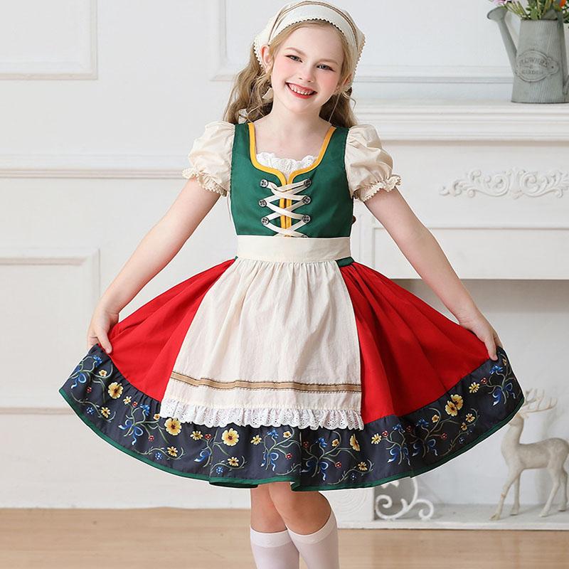 Robe Lolita pour enfant Fille Noël Festival de la bière Servante Costume de campagne avec écharpe Bandeau Pour Fête Vêtements pour enfants 150cm red