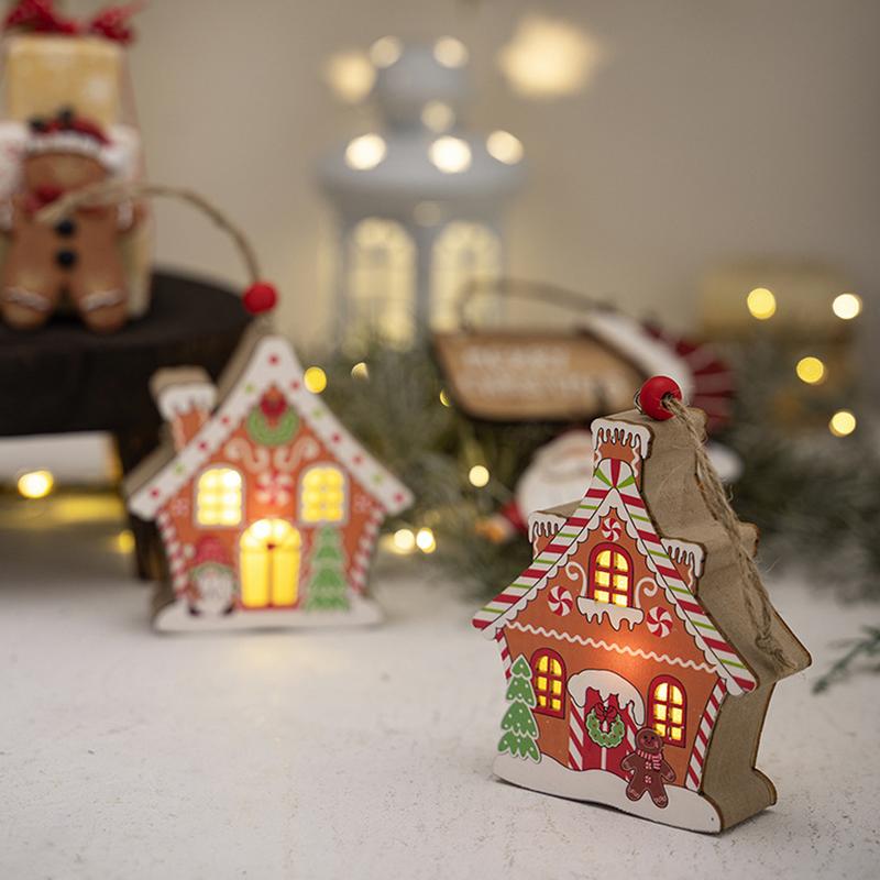 Christmas Tree Ornaments 2 Piece Wooden Pendant With Light Gingerbread House Christmas Tree Pendant For Holiday Party Supplies