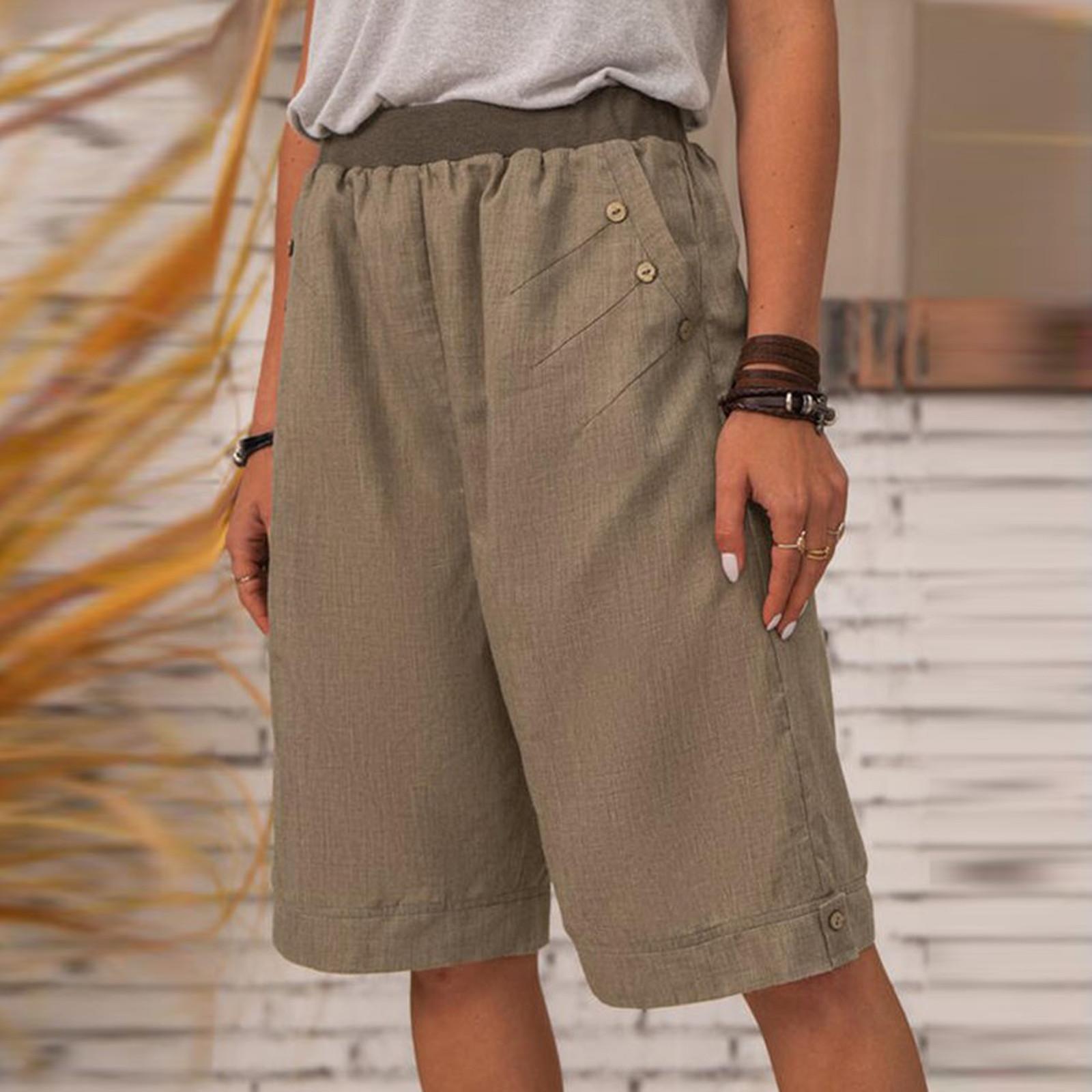 

Women s Casual Pants Elastic Waist Straight-leg Pockets Summer Linen Shorts XXXL коричневий