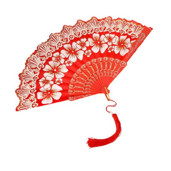 

Chinese Style Flower Folding Fan with Faux Pearl Tassel Portable Plastic Ribs Hand Fan Women Dance Performance Props Party Favors