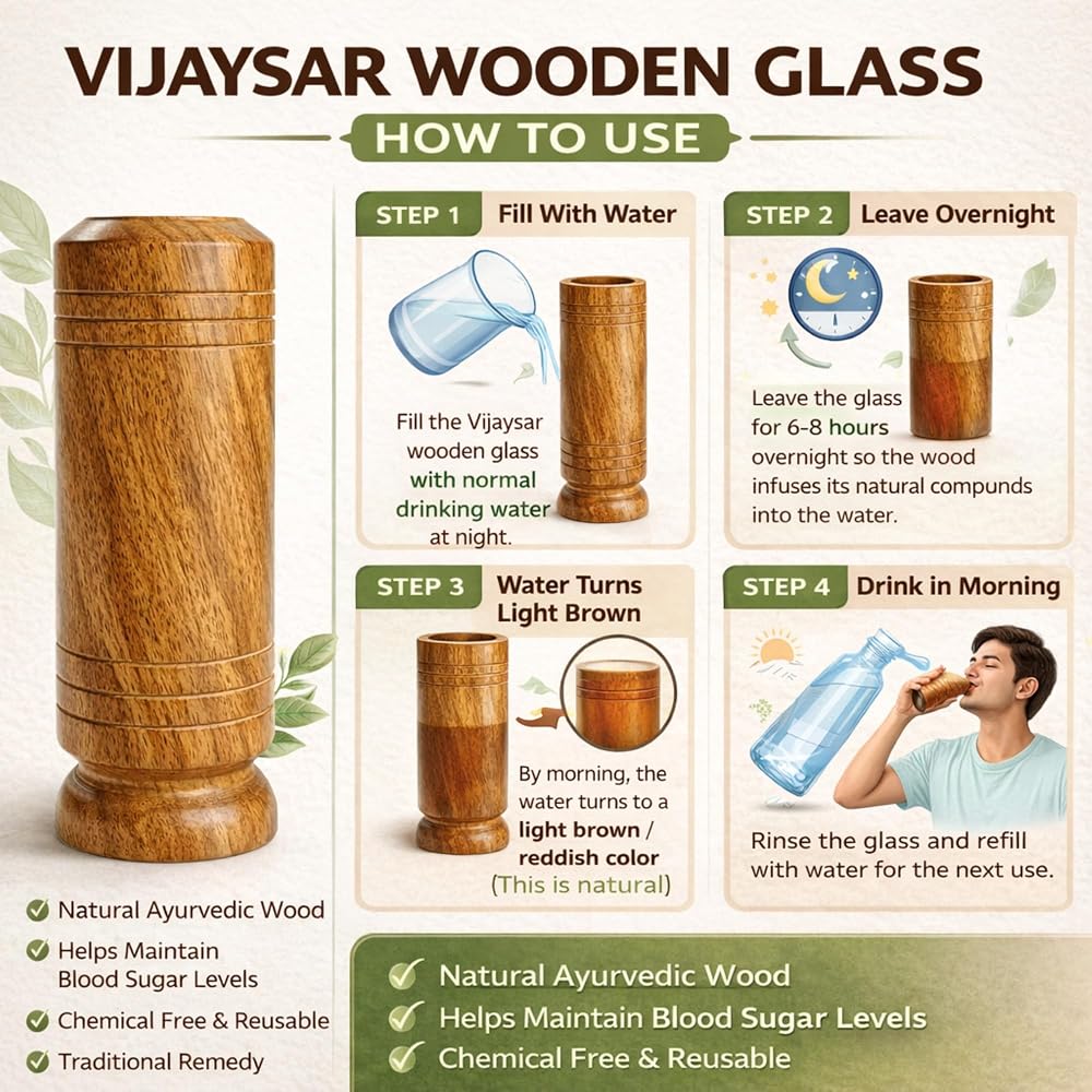 Ayurvedic Vijaysar Herbal Sugar Care Glass 100ML, Lab Certified & Approved by Ayurvedic Doctors, Original Vijaysar Wood Glass for Diabetes, Wooden