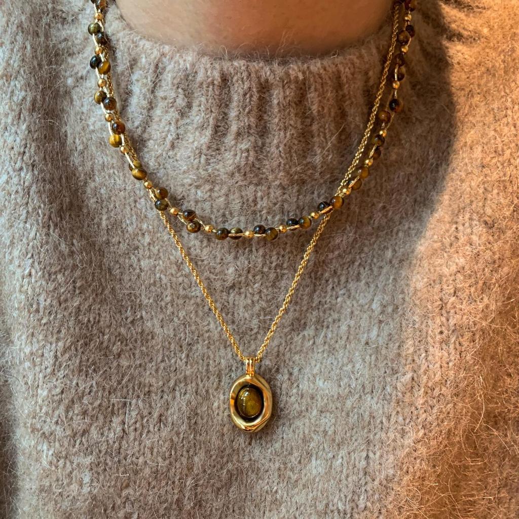 Gold-Plated Tiger Eye Beaded Necklace - Retro Y2K Clavicle Chain, High-End Versatile Jewelry