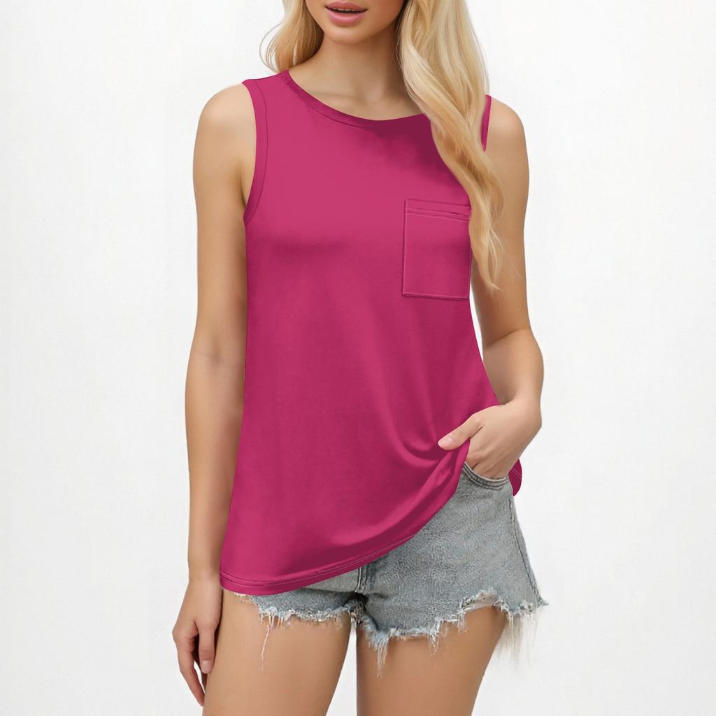 Damen-Tanktops 2025, lockere Passform, hoher Halsausschnitt, Sommertop, elegante, lässige ärmellose Shirts mit Tasche