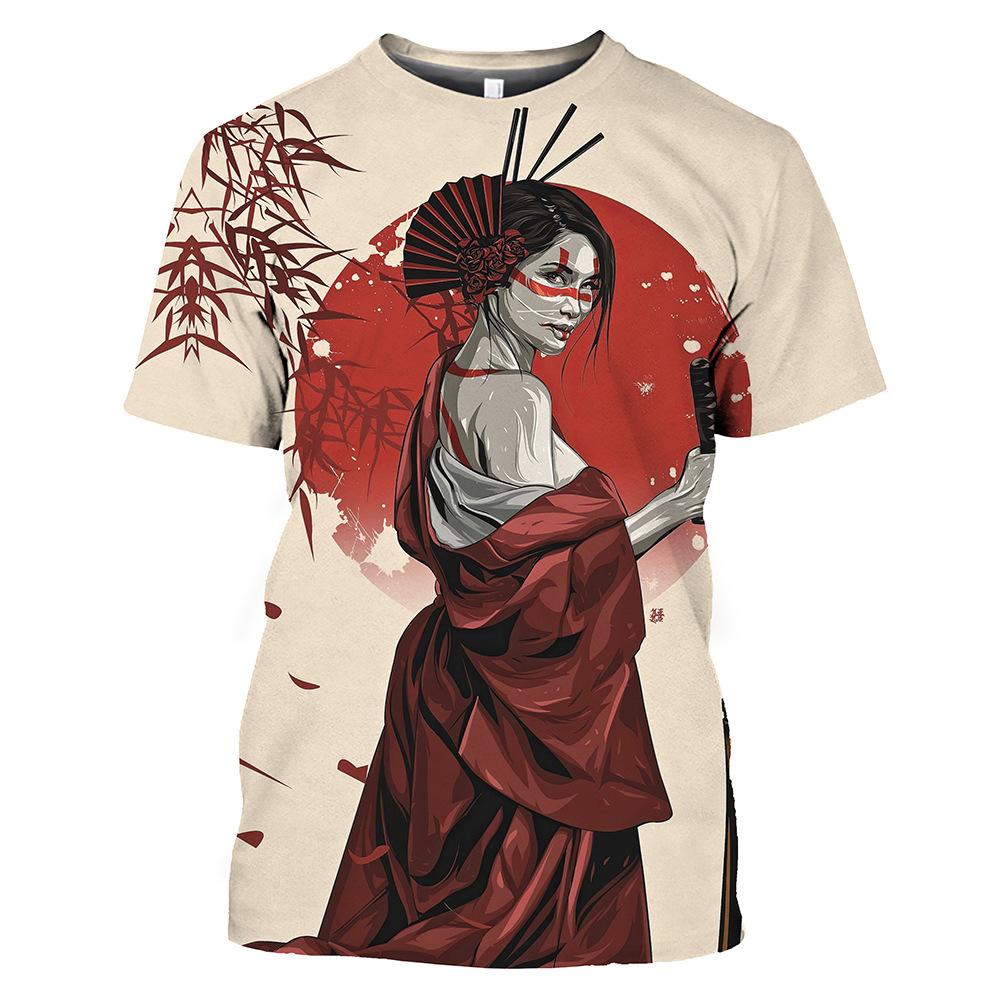 Harajuku Japanese Geisha 3D tištěné pánské a dámské tričko Letní streetwear O-neck Krátký rukáv Top Volný Pár Oblečení