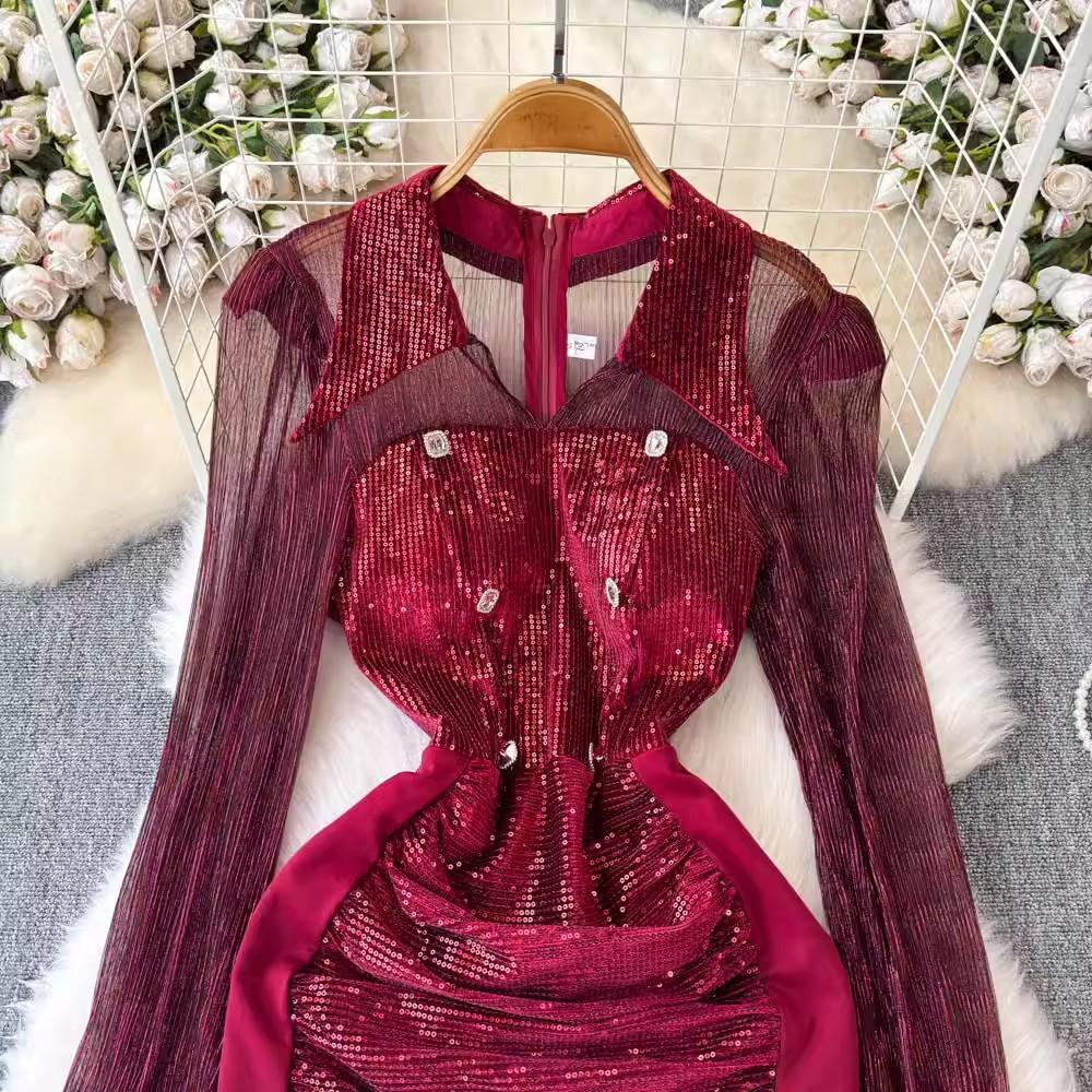 New Autumn Retro Sequins Lapel Pencil Dress Women Clothes Elegant Lady Sheer Sexy Long Sleeve Slim Short Party Birthday Vestidos