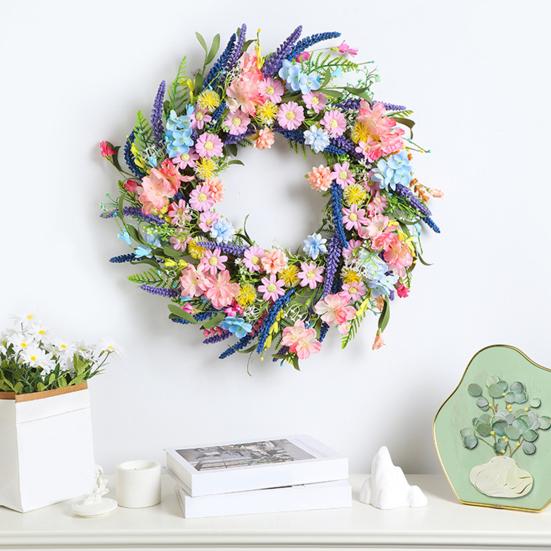 Spring Wreath for Front Door Artificial Floral Wreath with Eucalyptus Leaf Lavender Wildflowers for Easter Indoor Outdoor Home Farmhouse Wall Decor