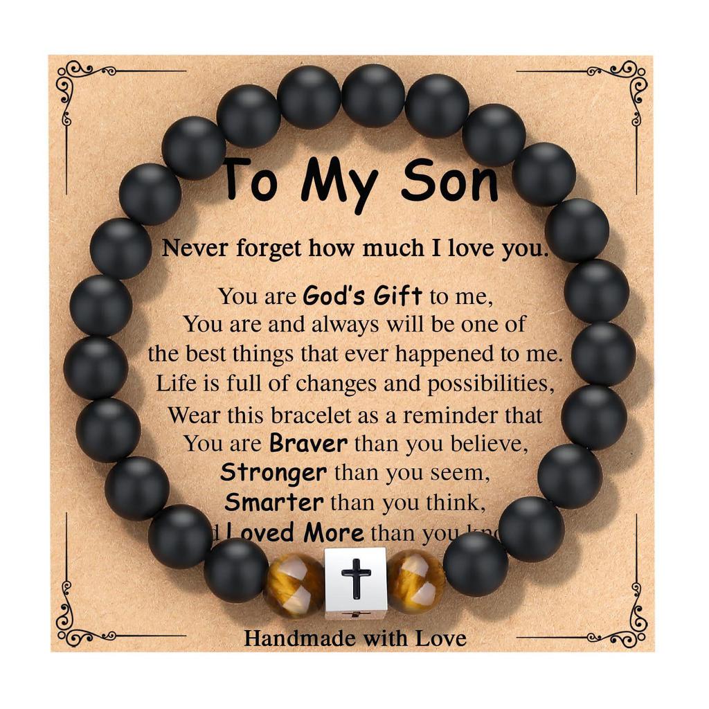 Black Matte Stone & Tiger Eye Square Cross Pendant Bracelet