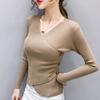 V-neck Long-sleeved Sweater Knit Sweater  Slim Slimming Side Button with Solid Color Bottoming Top Sweater