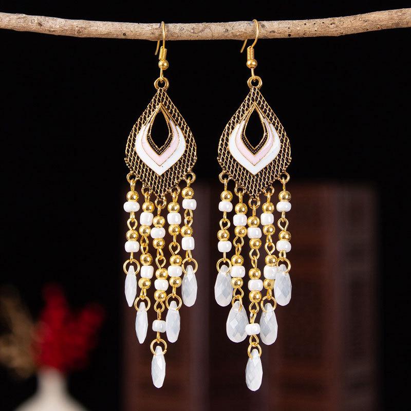 Bohemian Cross-Border Handmade Water Drop Rice Bead Tassel Earrings for Travel Photography
