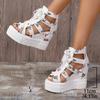 Women's Floral Vintage Sandals, Back Zipper Platform Hollow Lace Up Shoes, Summer Breathable Wedge Holiday Shoes