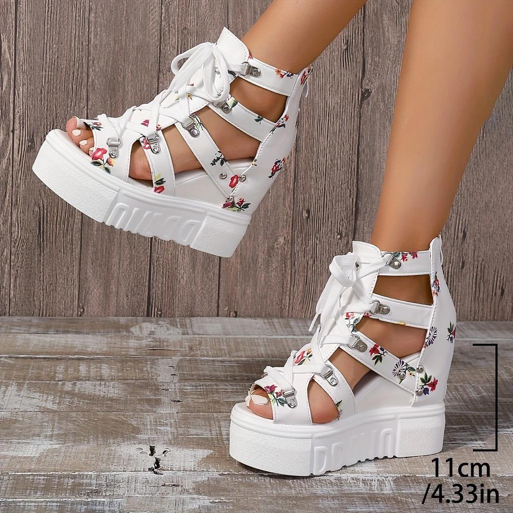 Women's Floral Vintage Sandals, Back Zipper Platform Hollow Lace Up Shoes, Summer Breathable Wedge Holiday Shoes