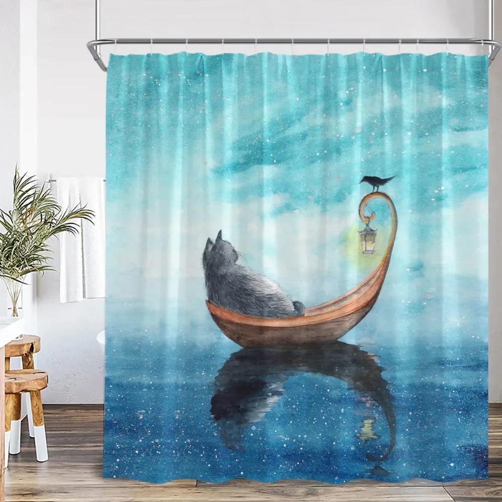 Funny Cat Shower Curtain Cat Riding Shark Dinosaur Flower Floral Polyester Bathtub Curtain Space Planet Bathroom Decor with Hook