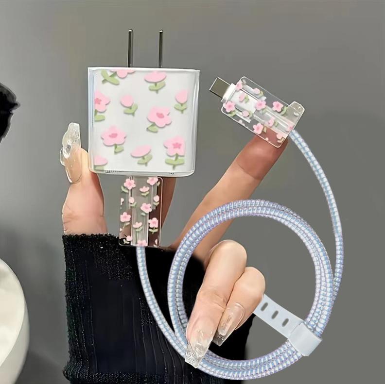 Cute Clear 3D Bowknot Pearl Wave Border USB Charger Protective Case For 18W-20W Laser Cable Winder Wire Protector Cover