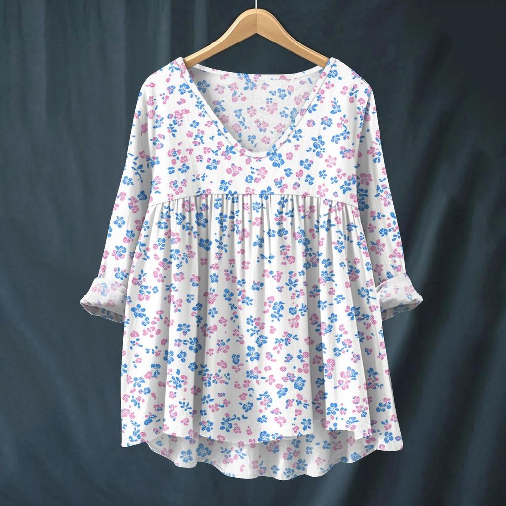 Women's Fashionable And Casual Shirt Long-sleeved V-neck Print Cotton And Linen Blouse