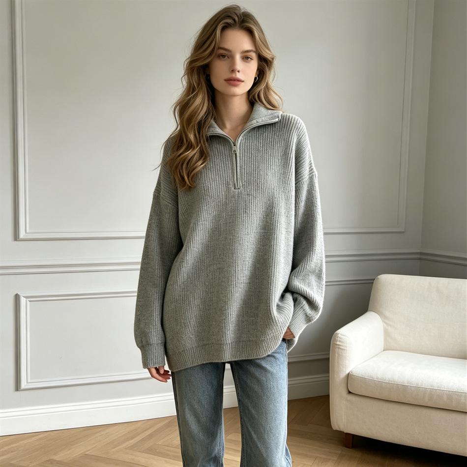 Solid color half-zipper lapel sweater women's soft waxy autumn and winter new loose and lazy outer wear pullover knitted top