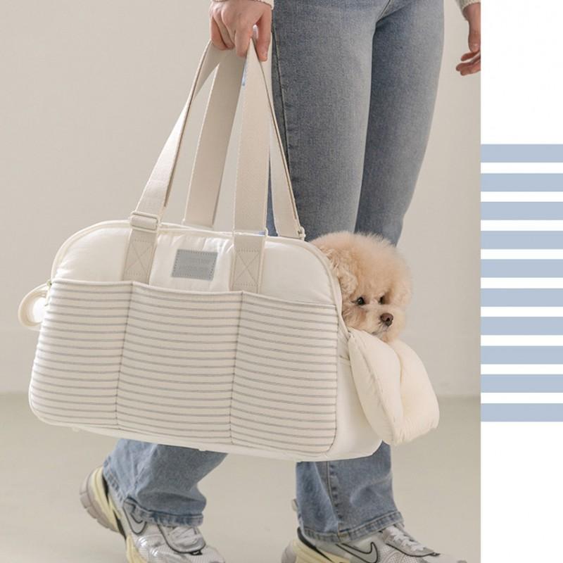 Portable Pet Carrier Bag Cats Dogs Winter Warm Breathable Mesh Striped Shoulder Handheld Travel